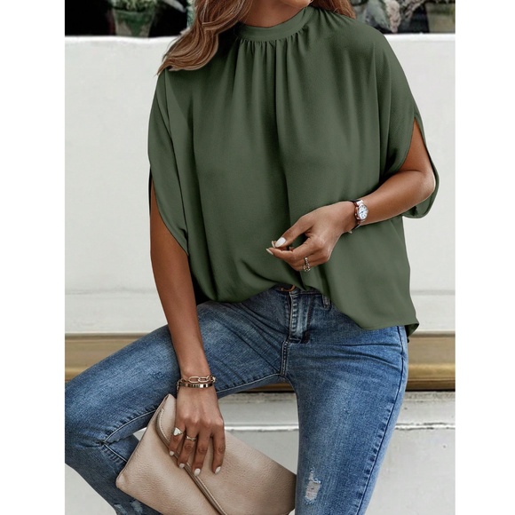 Army Green Blouse Top Flowy, High Neck - Picture 5 of 11